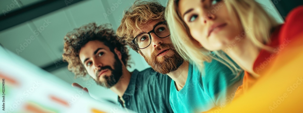 Aufkleber focused group of diverse professionals collaborating in a modern workspace with creative brainstormi