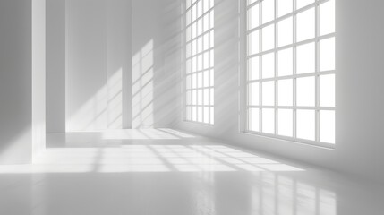 an empty white room with large windows,minimalist and light pouring into the room