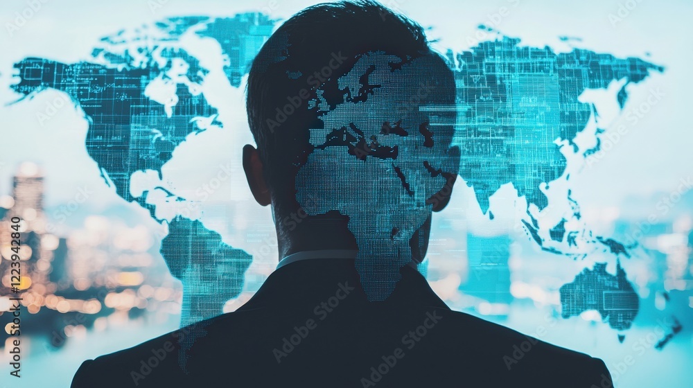 Poster businessman analyzing global data insights with digital world map background for strategic decision 