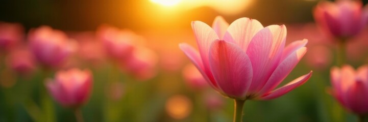 Fototapeta premium Soft pink petals unfolding in warm golden light, farm, dawn