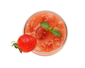 Glass of tasty strawberry smoothie with ice cubes on white background