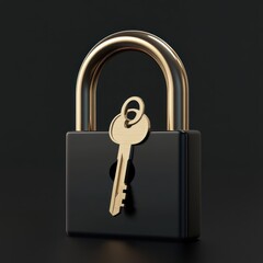 Elegant Black Padlock with Golden Key: Security and Protection Concept