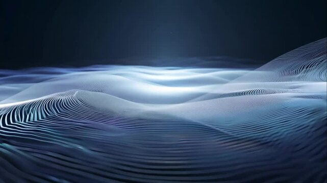 Abstract blue wave patterns with smooth curves and gradients representing digital ocean or sound waves, creating a serene and calming visual experience for backgrounds or designs