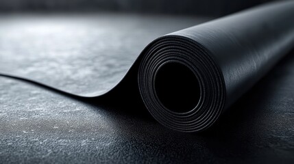 Rolled black rubber mat on dark surface. Perfect for websites, blogs, or articles about flooring, construction, or industrial materials.