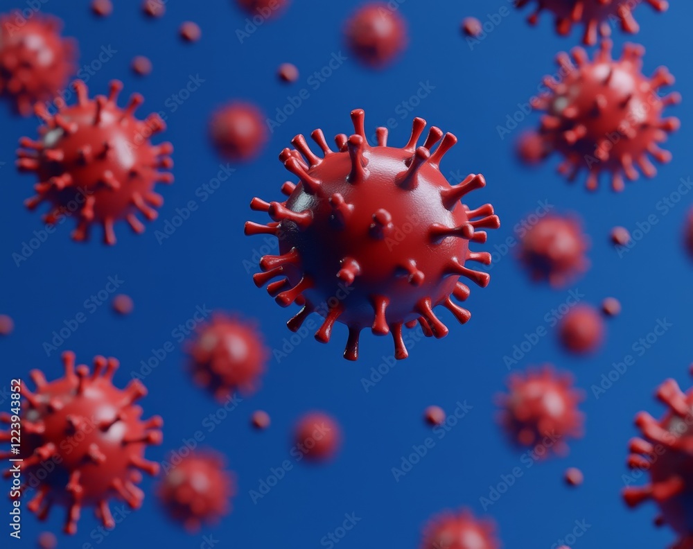 Poster microscopic view of numerous red viruses on a blue background.