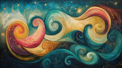 Obraz premium Abstract swirling painting, rich colors and gold accents. Ideal for spiritual, cosmic, or fantasy themes.