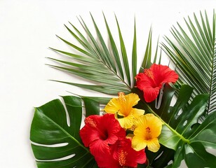 Tropical leaves palm tree and monstera with red yellow flowers on a