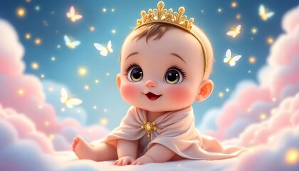 Fototapeta premium Adorable Baby Princess on Clouds with Butterflies: A Digital Artwork