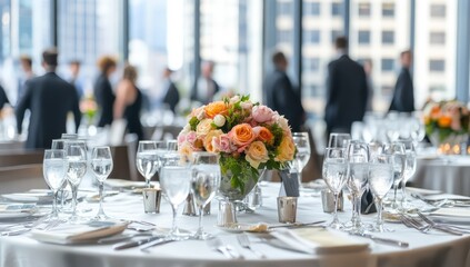 Elegant corporate event venue with sophisticated table settings and ambient lighting, highlighting a professional and upscale atmosphere