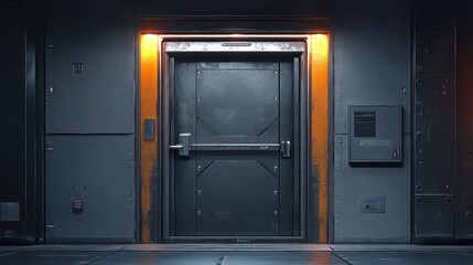 Obraz premium Glowing orange frame metal door in dark corridor.