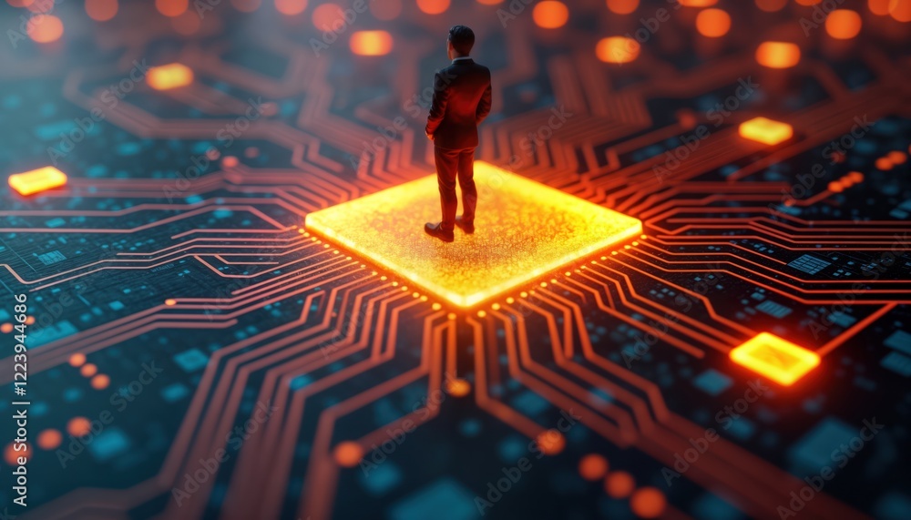 Aufkleber businessman stands on glowing orange square block tech. abstract digital circuit board with bright o