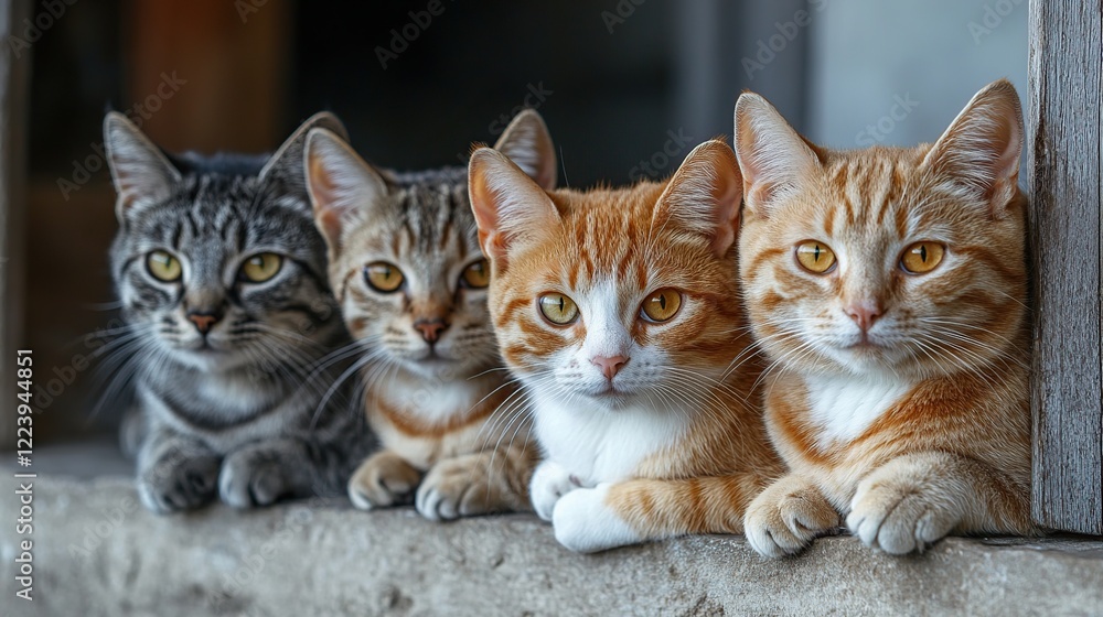 Sticker Four kittens sitting on a wall, looking at the camera, near a window.  Perfect for pet adoption websites