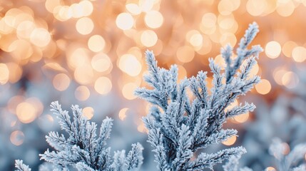 Frosted Winter Branches with Sparkling Bokeh Lights