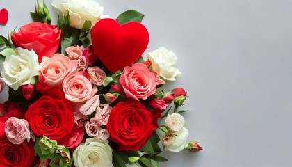 Valentine's Day card- bouquet white, pink, red roses, spring blossom.