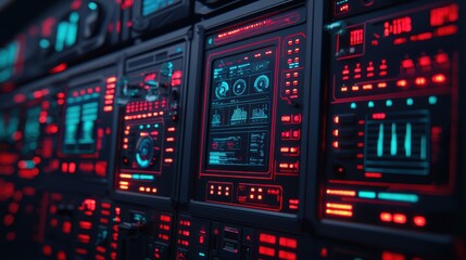 Futuristic Control Panel Interface With Red and Blue Neon Lights