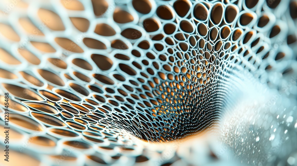 Poster intricate close-up of abstract 3d structure with honeycomb design in soft blue and warm brown tones