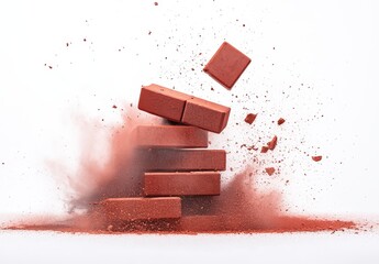 Exploding stack of bricks creating a dust cloud on white background.
