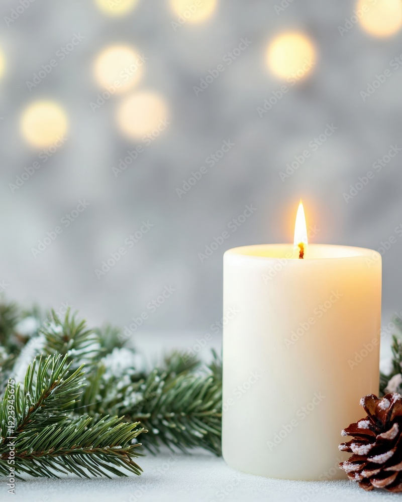 Poster elegant white candle surrounded by pine branches and pinecone with bokeh background on soft surface