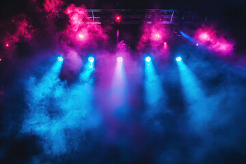 Obraz premium Stage with smoke & lights. Singer in spotlight belting out lyrics. Band members jamming in background. Audience cheers in excitement.