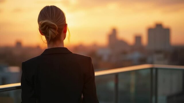 Back view of a businesswoman standing outdoors at golden hour