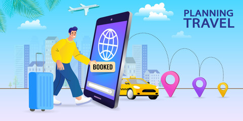 Online travel planning and booking concept. A man with luggage uses a mobile app to book a whole trip, including flights, hotels, and taxis. Vector illustration for an all-in-one travel agency. © 365 days studio