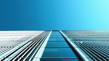 Modern Skyscraper Facade with Blue Sky Perspective and Reflection in Glass Windows for Architectural Design