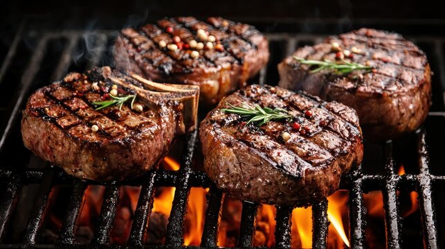 Close-up of a grill master preparing steaks on a hot grill