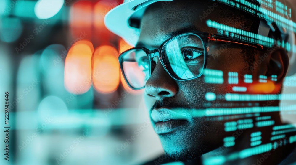 Poster profile of a focused engineer with glasses and hard hat observing digital data with glowing elements