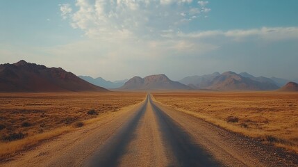 Naklejka premium Desert road vanishes into distant mountains under a pale sky. Perfect for travel, adventure, and freedom themes, evokes a sense of journey and exploration.