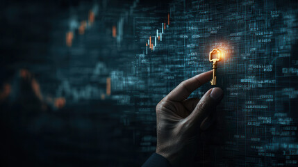 Unlocking potential with key against digital financial backdrop, symbolizing investment opportunities and risk management