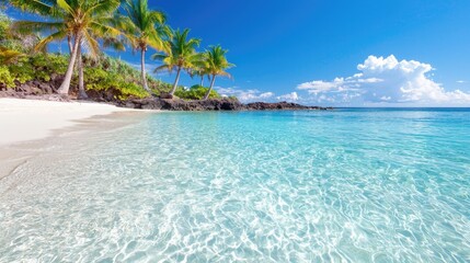 Naklejka premium Tropical beach paradise white sand, palm trees, turquoise water, clear sky; ideal for travel brochures