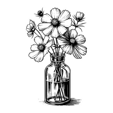 black and white cosmos flowers in glass vase clip art preview