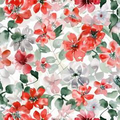 Cute painting of red and white flowers on a pattern of green leaves, with a light grey background. watercolor seamless pattern. Watercolor print in rustic vintage style, textile or wallpapers.