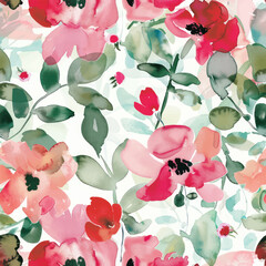 Cute spring flowers in red, pink, and green on a white background watercolor seamless pattern. Watercolor print in rustic vintage style, textile or wallpapers.