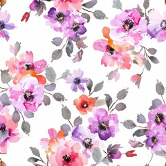 Cute flowers in soft pinks and purples, on a white background watercolor seamless pattern. Watercolor print in rustic vintage style, textile or wallpapers.