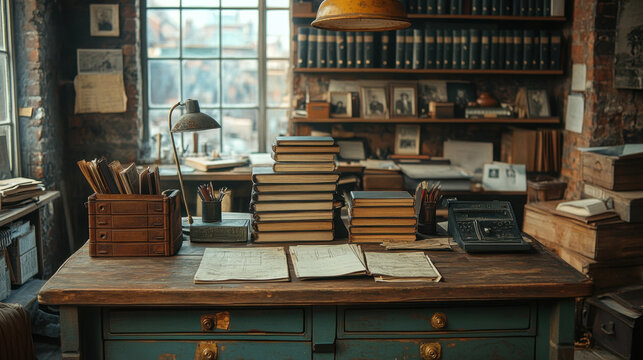 vintage accounting office filled with books, papers, and desk lamp, creating nostalgic atmosphere. warm lighting enhances charm of workspace - Powered by Adobe
