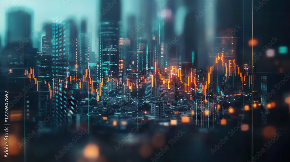 Aufkleber visualize bustling city skyline with digital trading graph overlay, symbolizing dynamic foreign exch