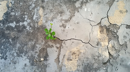 A tiny green sprout breaking through cracked concrete