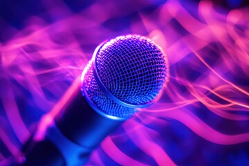 Close-up of a microphone with vibrant purple and pink light trails. Perfect for music, concert, or performance themes.