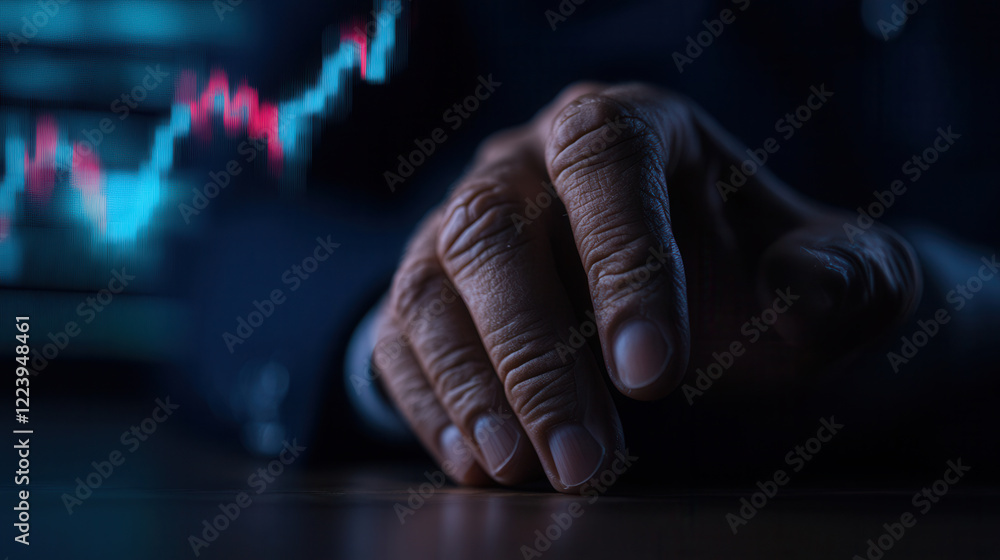Poster close up of hand resting on table with stock market graph in background, symbolizing trading and inv