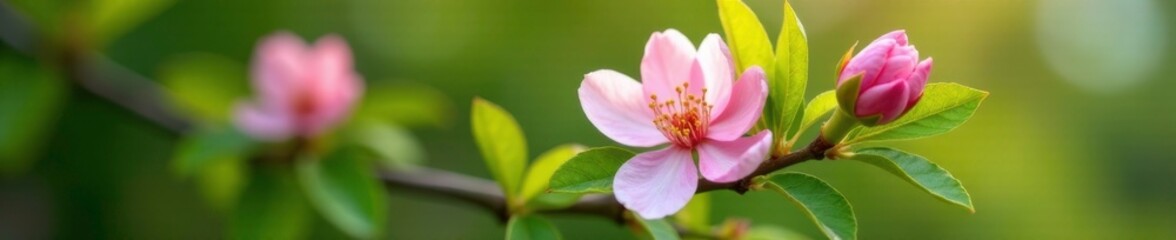 Fototapeta premium Soft pink petals unfurl on a branch amidst lush green leaves, blossom, blooming tree
