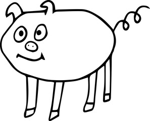 funny round smiling funny pig with long curled tail standing and looking at camera style of children's painting