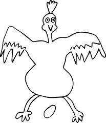 funny chicken stands with wings spread wide laid an egg falling down and looks at the camera style of children's painting