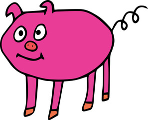 funny bright pink round smiling funny pig with a small snout with a long curled tail stands and looks at the camera style of children's painting