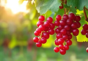 Ripe red grapes hanging on vine in sunlight.
