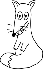 A funny fox with two protruding fangs and a big mouth sits wrapped in its big and fluffy tail style of children's painting