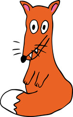 A funny red fox with two protruding fangs, with big scared eyes and a big mouth, sits wrapped in his big and fluffy tail style of children's painting