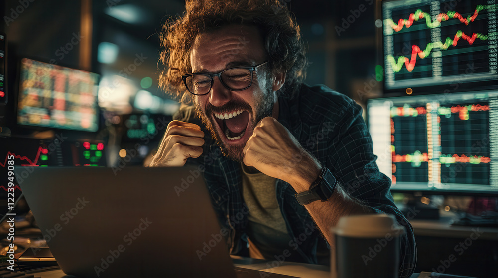 Poster excited trader celebrating success in stock market with multiple screens displaying data