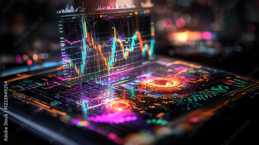 Poster futuristic digital stock market display with vibrant graphs and data