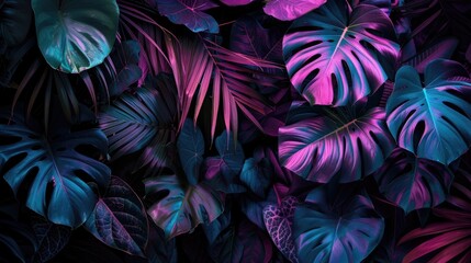 Vibrant tropical leaves and monstera plants illuminated by neon light.